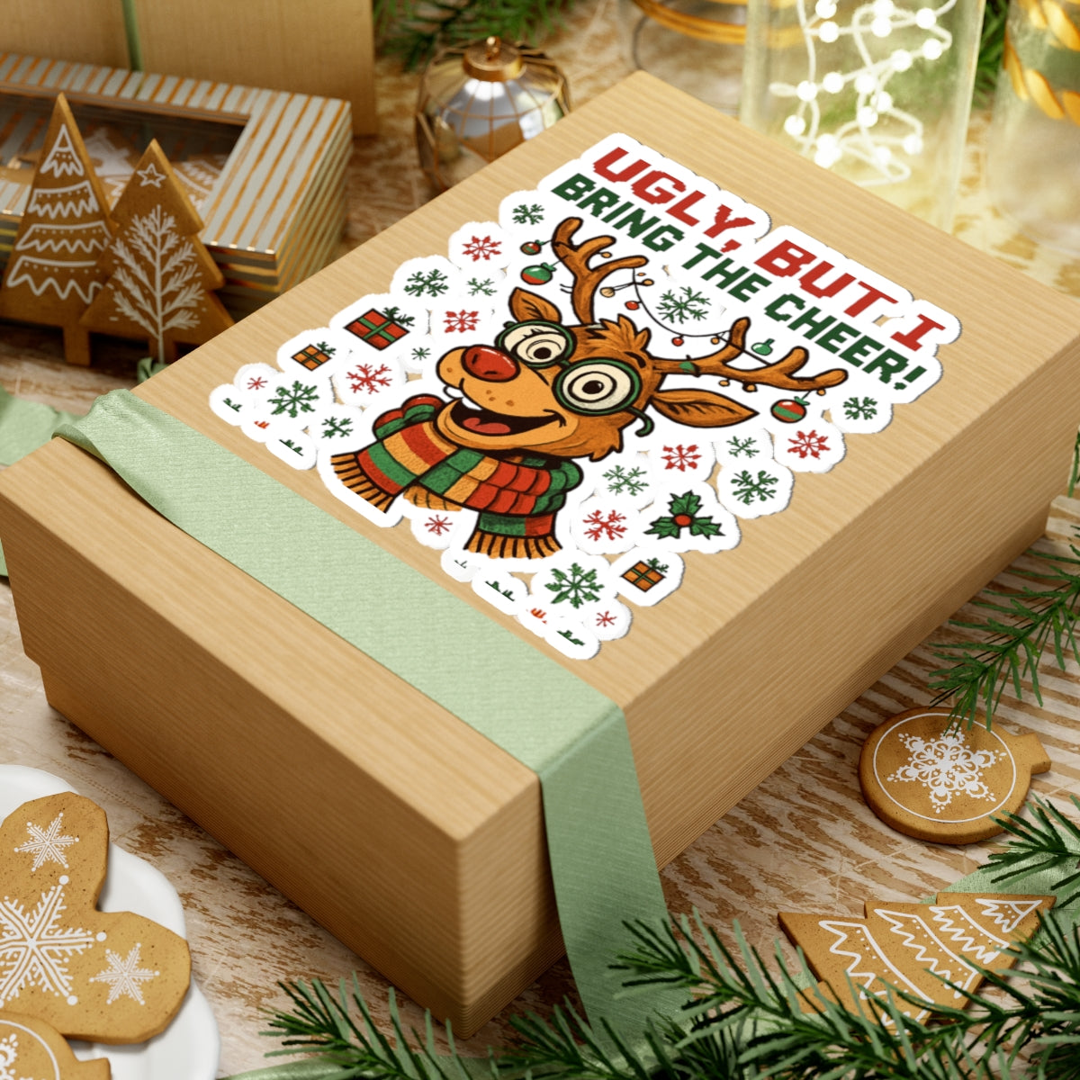 Christmas Reindeer Sticker — "Ugly, But I Bring the Cheer!" Kiss-Cut Holiday Sticker