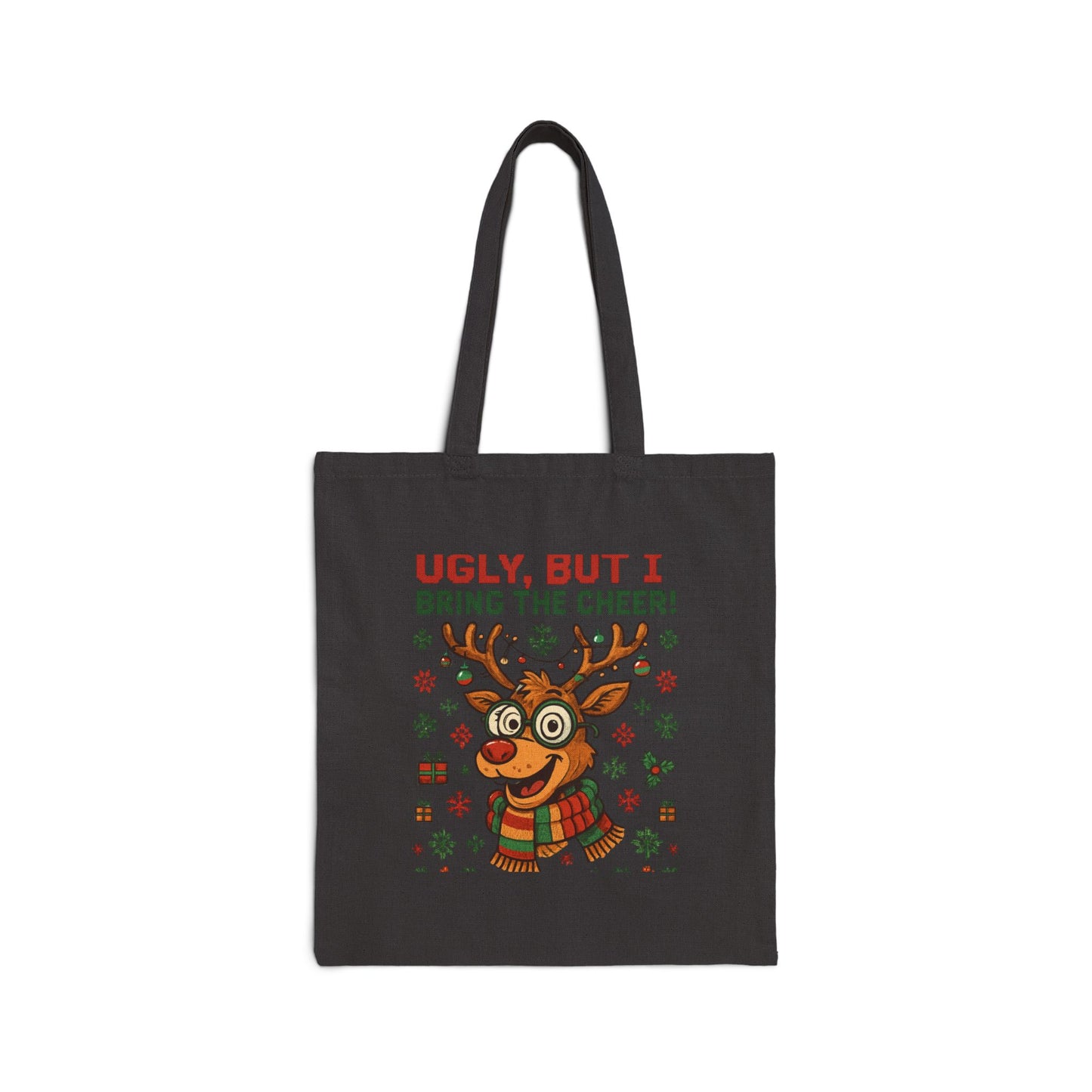 Holiday Reindeer Tote Bag — "Ugly, But I Bring the Cheer!" Cotton Canvas Market Tote