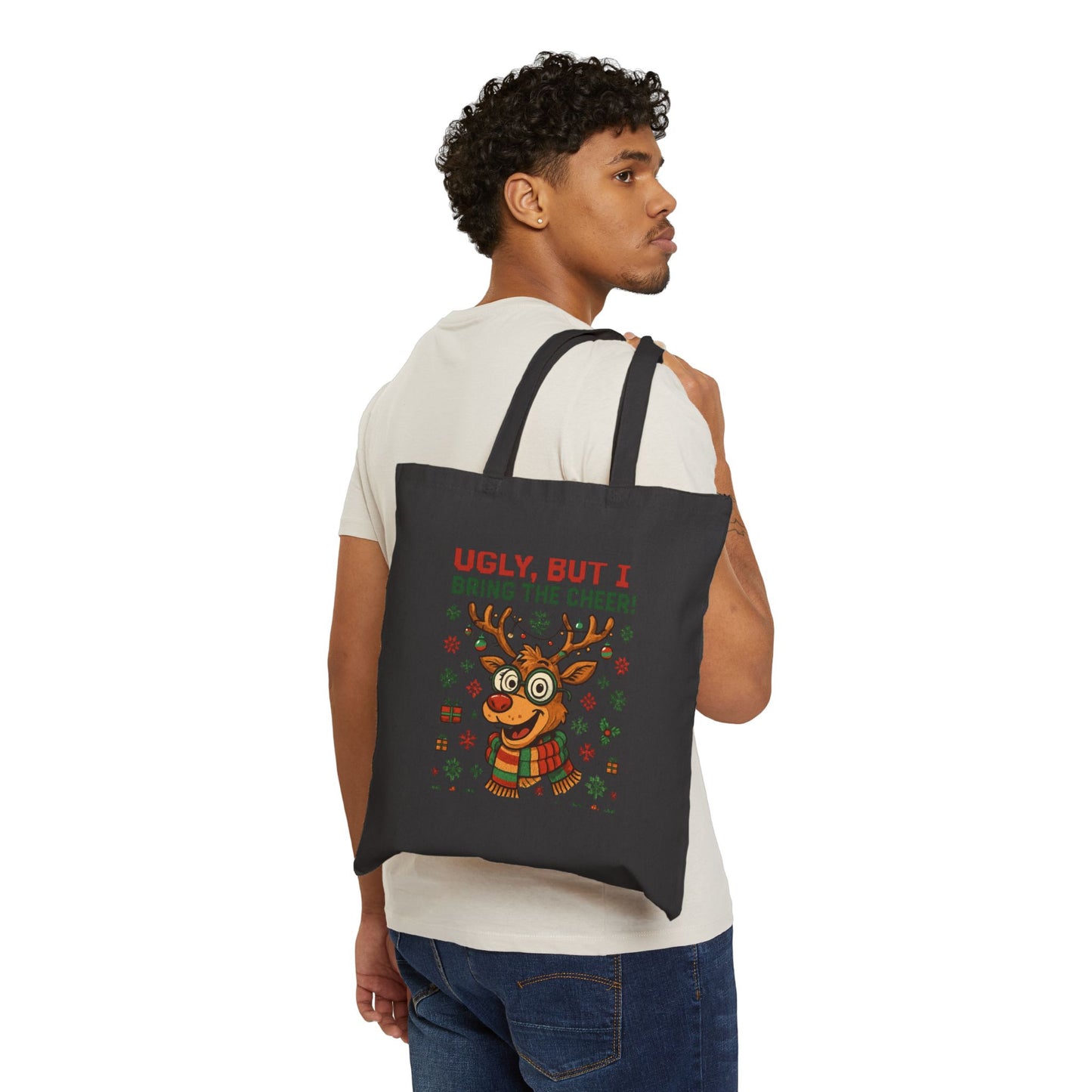 Holiday Reindeer Tote Bag — "Ugly, But I Bring the Cheer!" Cotton Canvas Market Tote