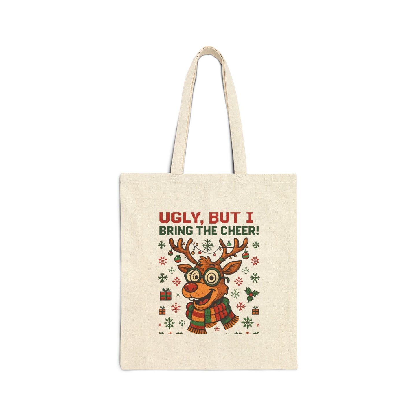 Holiday Reindeer Tote Bag — "Ugly, But I Bring the Cheer!" Cotton Canvas Market Tote