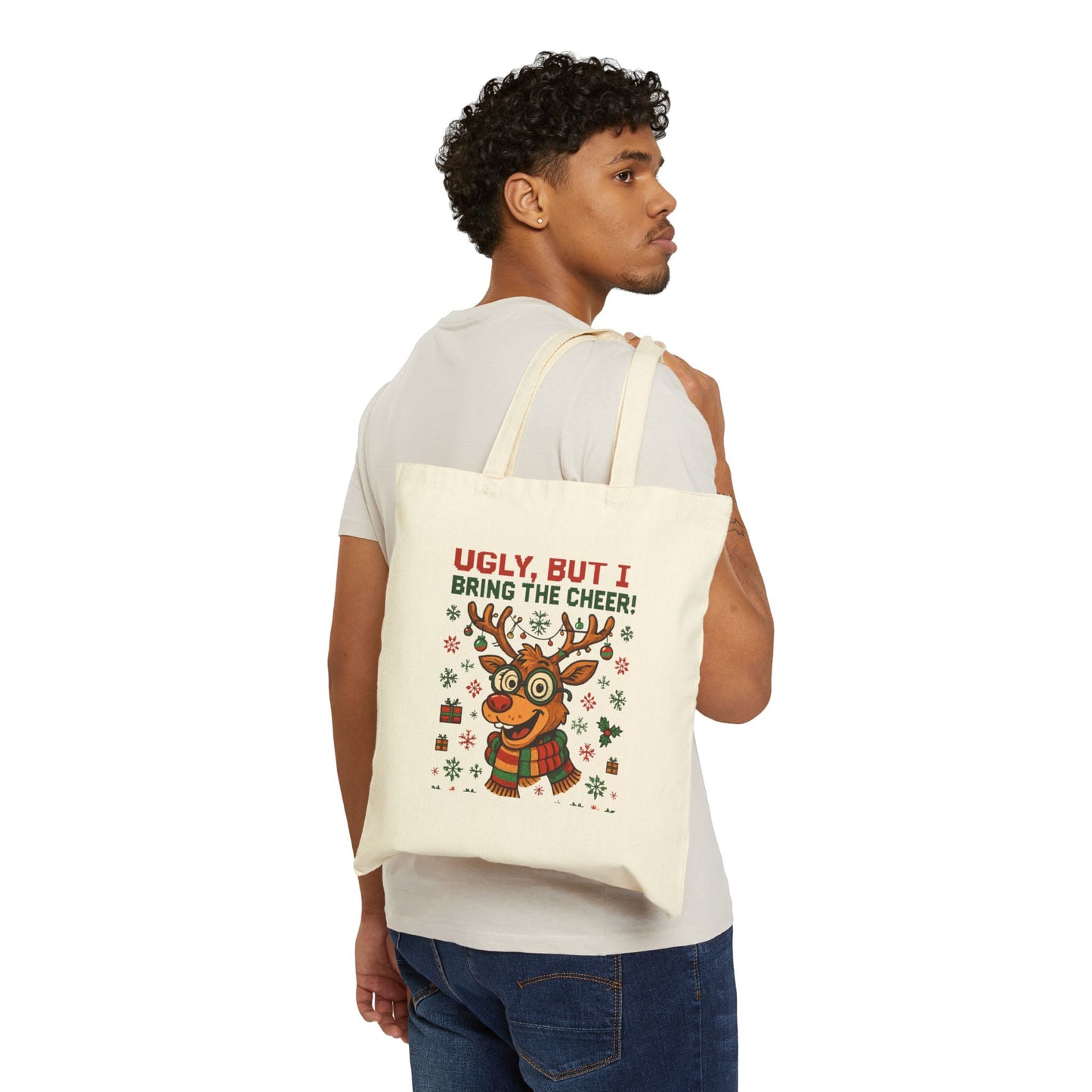 Holiday Reindeer Tote Bag — "Ugly, But I Bring the Cheer!" Cotton Canvas Market Tote